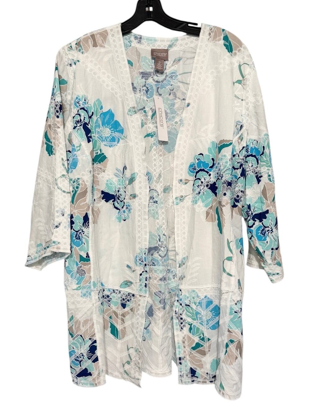 Chicos NEW White Open Floral Lightweight Cardigan Size Large